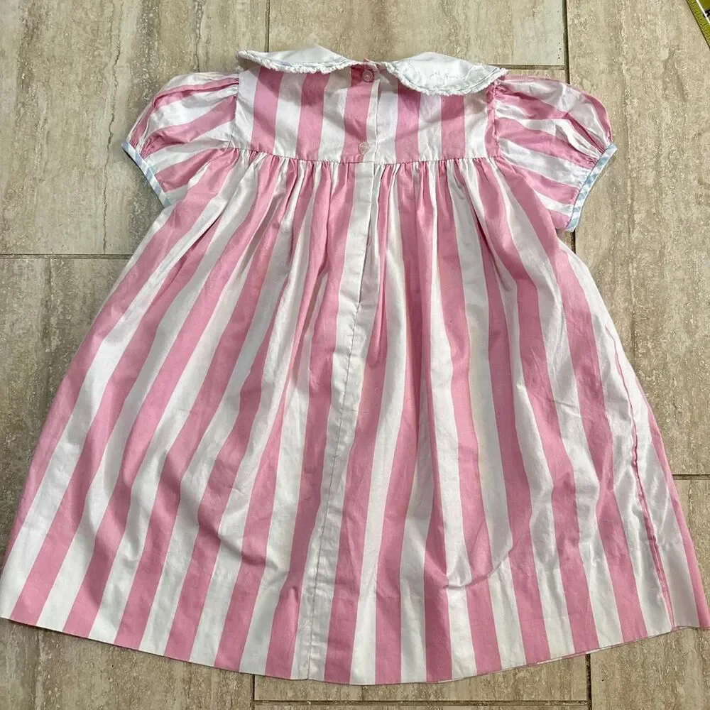 Vtg Strasburg Children Pink White Striped Dress 4T Peter Pan Collar Cottage